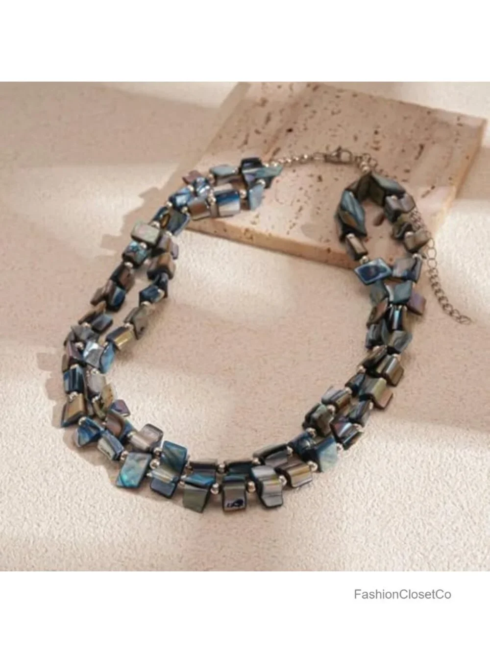 Boho Double Layer Seashell Beaded Necklace, Adjustable Geometric Choker for